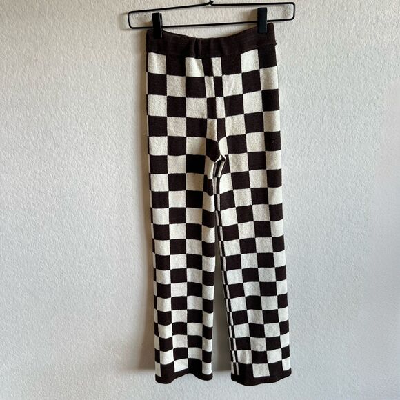 BELLE THE LABEL Carob Brown Knit Checkerboard High Rise Trousers Pants Womens XS - Picture 4 of 7